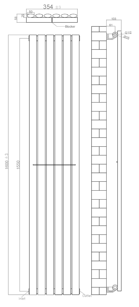 Metro Vertical Radiator - Matt Black - Single Panel (1600mm High) 354mm Wide