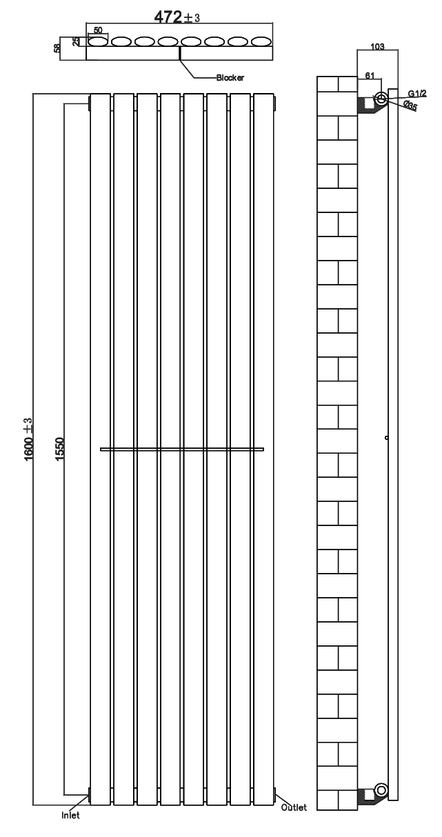 Metro Vertical Radiator - Matt Black - Single Panel (1600mm High) 472mm Wide