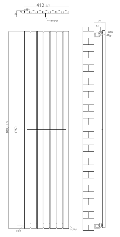 Metro Vertical Radiator - Matt Black - Single Panel (1800mm High) 413mm Wide