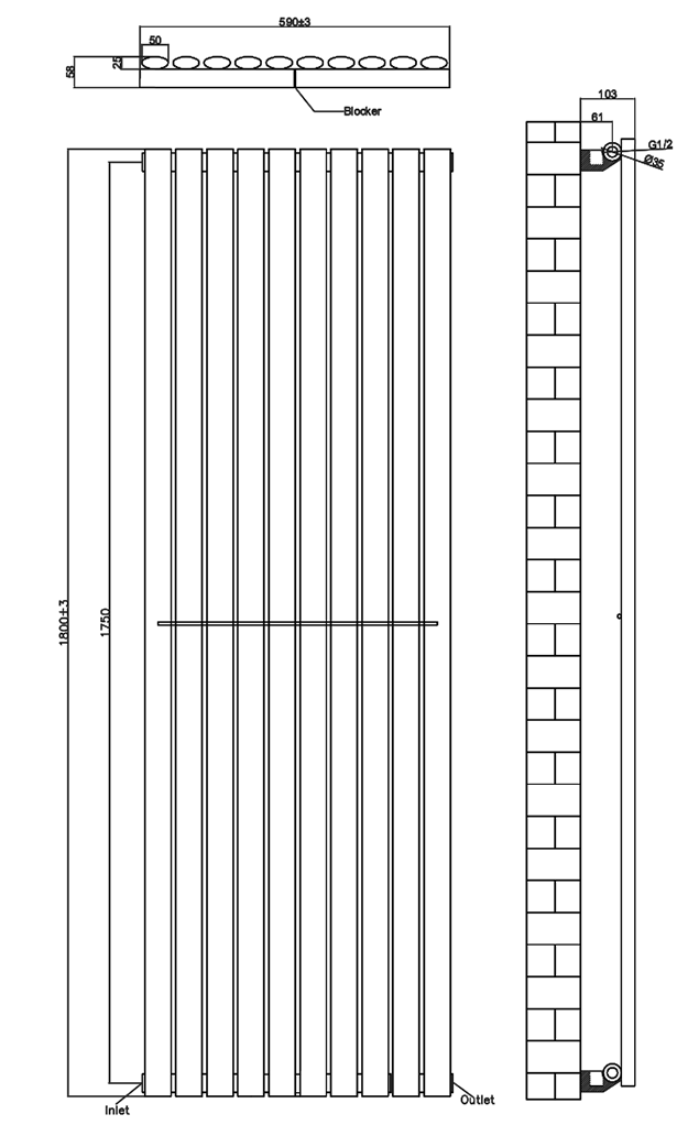 Metro Vertical Radiator - Matt Black - Single Panel (1800mm High) 590mm Wide