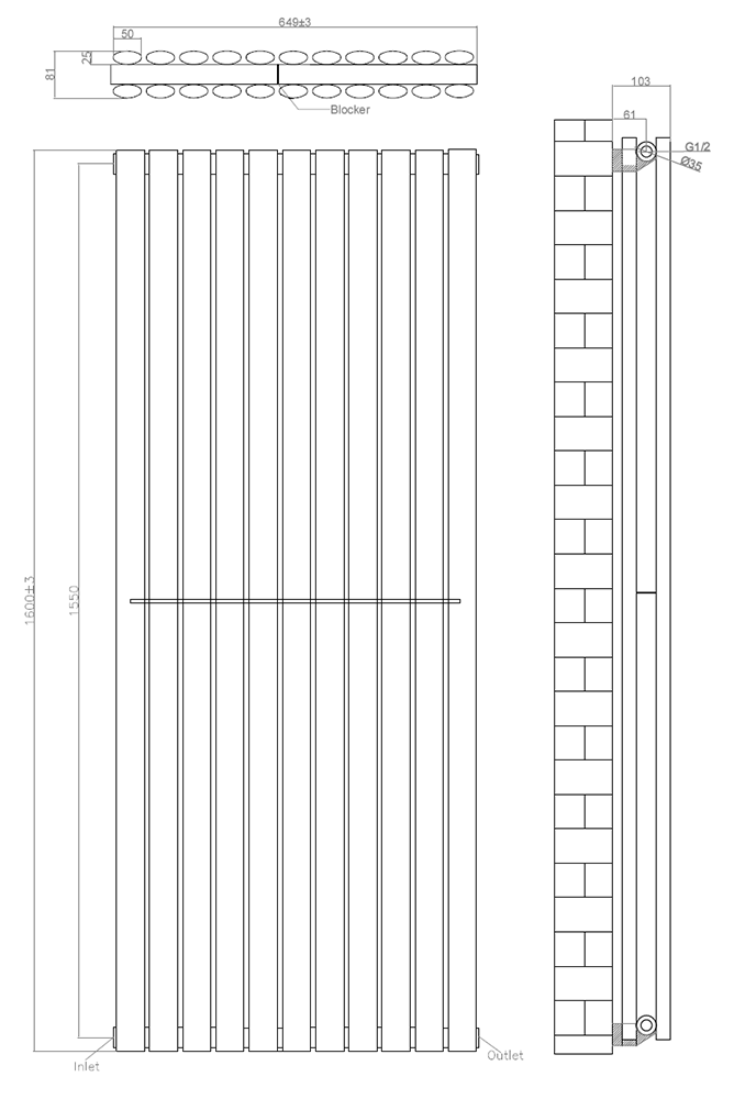 Metro Vertical Radiator - White - Double Panel (1600mm High) 649mm Wide
