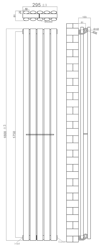 Metro Vertical Radiator - White - Double Panel (1800mm High) 295mm Wide