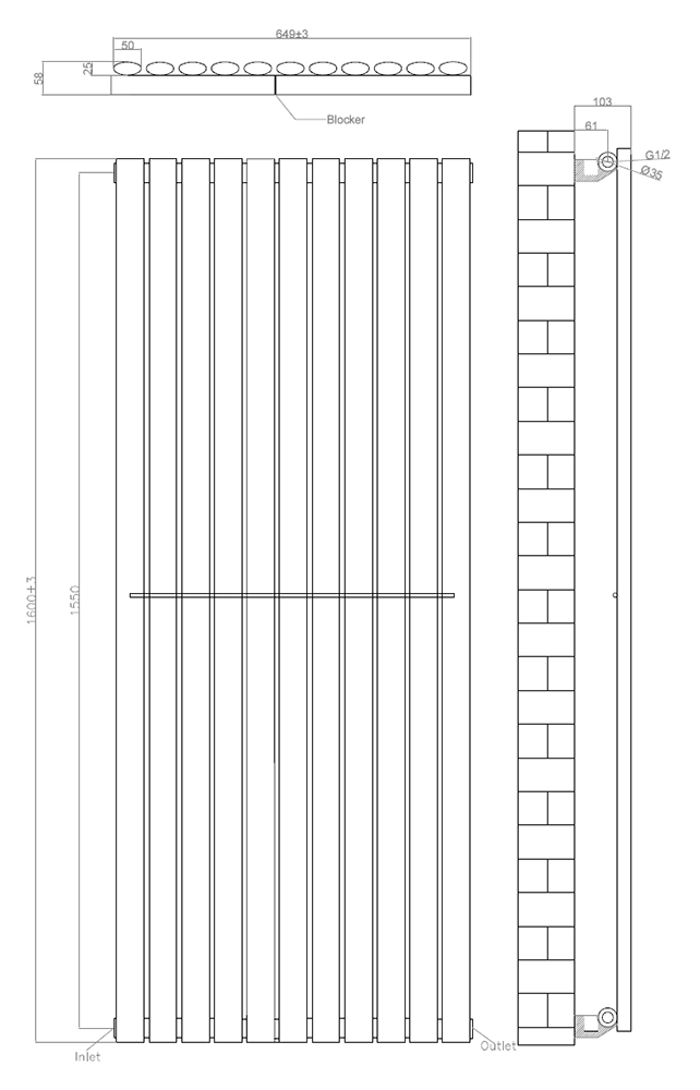 Metro Vertical Radiator - White - Single Panel (1600mm High) 649mm Wide