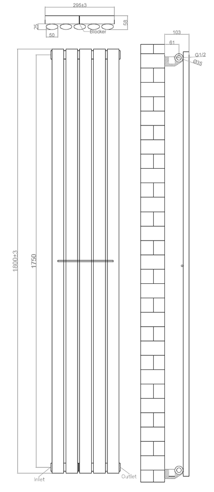 Metro Vertical Radiator - White - Single Panel (1800mm High) 295mm Wide