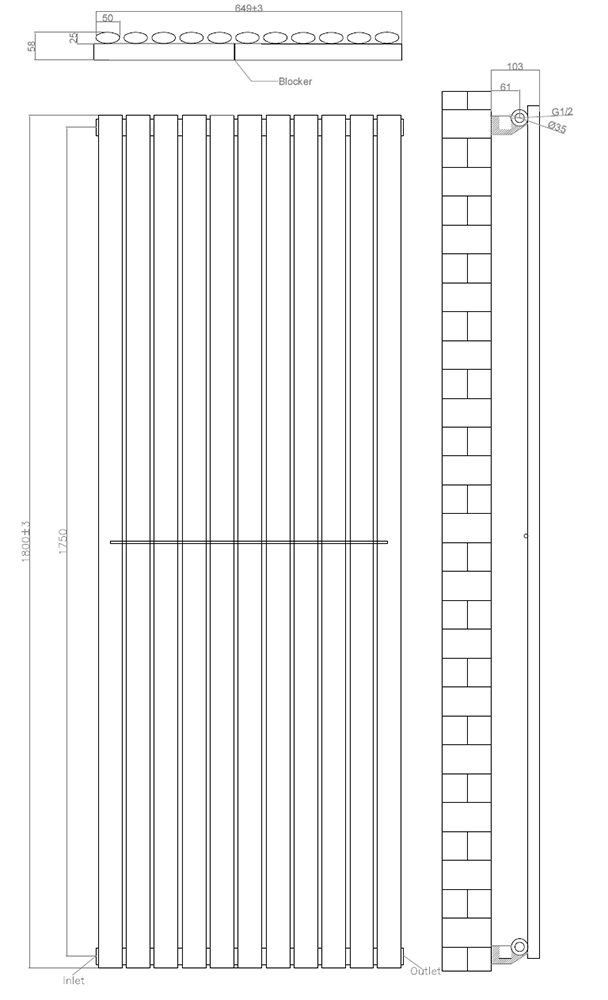 Metro Vertical Radiator - White - Single Panel (1800mm High) 649mm Wide