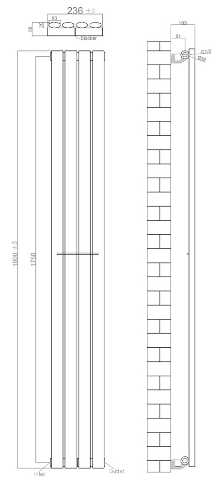 Metro Vertical Radiator - White - Single Panel (1800x236mm)