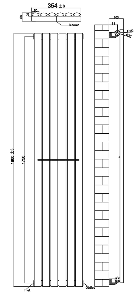 Metro Vertical Radiator - White - Single Panel (1800mm High) 354mm Wide