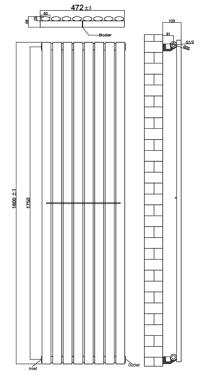 Metro Vertical Radiator - White - Single Panel (1800mm High) 472mm Wide