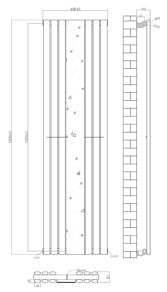 Metro Vertical Radiator with Mirror - Matt Black - Double Panel (H1600 x W500mm)