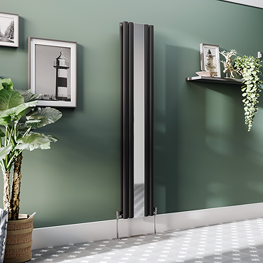 Metro Vertical Radiator with Mirror - Matt Black - Double Panel (H1800 x W382mm)