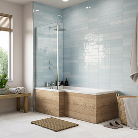 Milan 1700mm L-Shaped Shower Bath in Autumn Oak with Chrome Screen, Front & End Panels