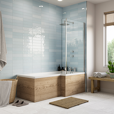 Milan 1700mm L-Shaped Shower Bath in Autumn Oak with Chrome Screen, Front & End Panels