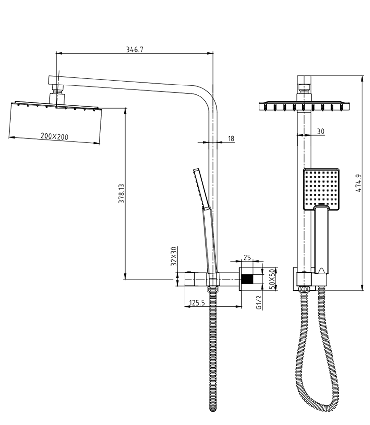 Milan 200 x 200mm Square Ultra-Thin Shower Head, Arm, Diverter, Integrated Handset and Hose