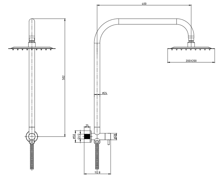 Milan 200 x 200mm Square Shower Kit with Fixed Head, Integrated Diverter + Hose