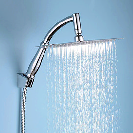 Milan 200 x 200mm Square Stainless Steel Shower Head Extension Arm + Hose Kit Large Image