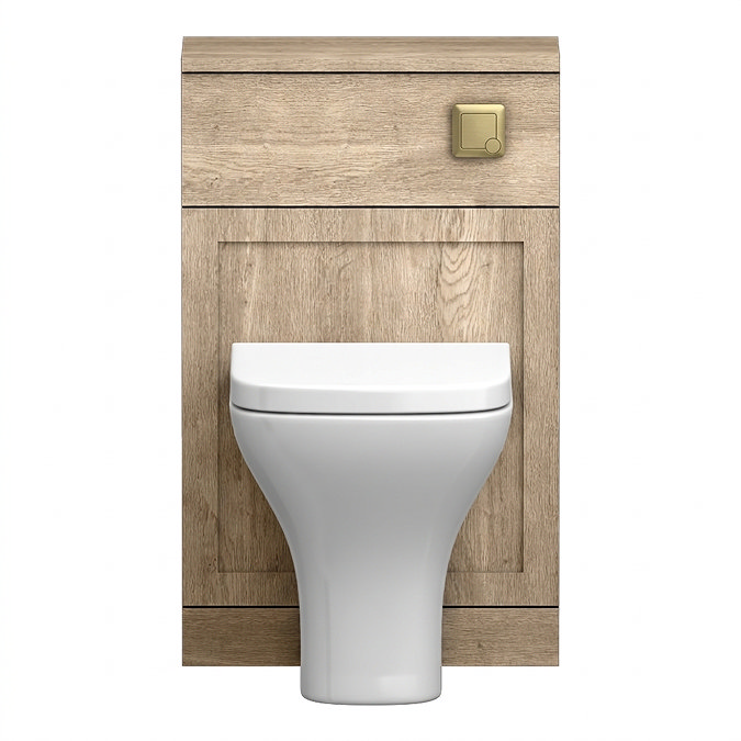 Milan Autumn Oak Framed 500mm WC Unit with Cistern, Brushed Brass Flush + Modern Pan