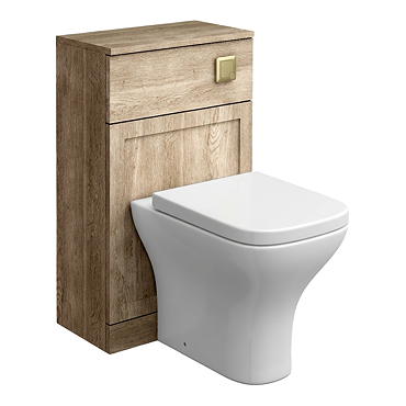 Milan Autumn Oak Framed 500mm WC Unit with Cistern, Brushed Brass Flush + Modern Pan