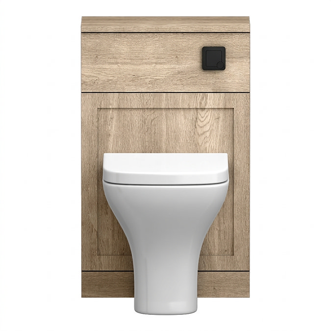 Milan Autumn Oak Framed 500mm WC Unit with Cistern, Matt Black Flush + Modern Pan