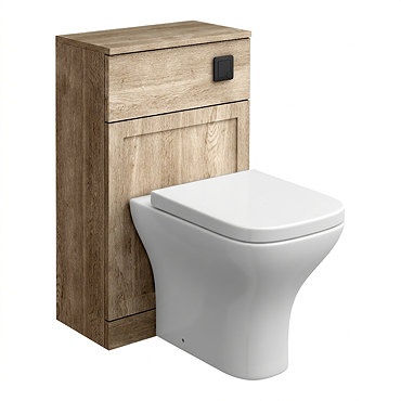 Milan Autumn Oak Framed 500mm WC Unit with Cistern, Matt Black Flush + Modern Pan