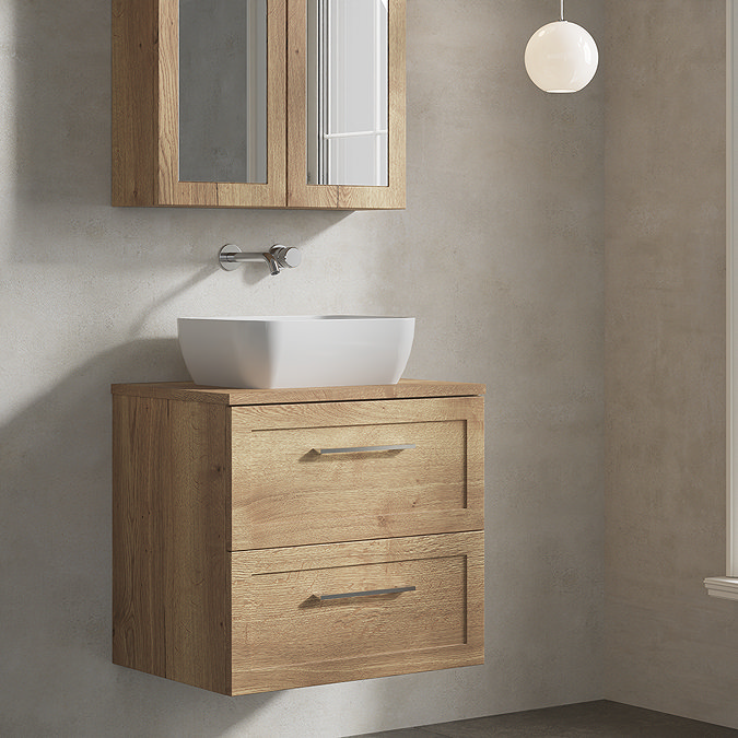 Milan Autumn Oak Framed 600mm Wall Hung 2-Drawer Countertop Vanity Unit