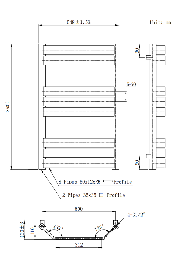 Milan Bow-Fronted Anthracite Designer Heated Towel Rail – 850 × 550mm (8 Sections)