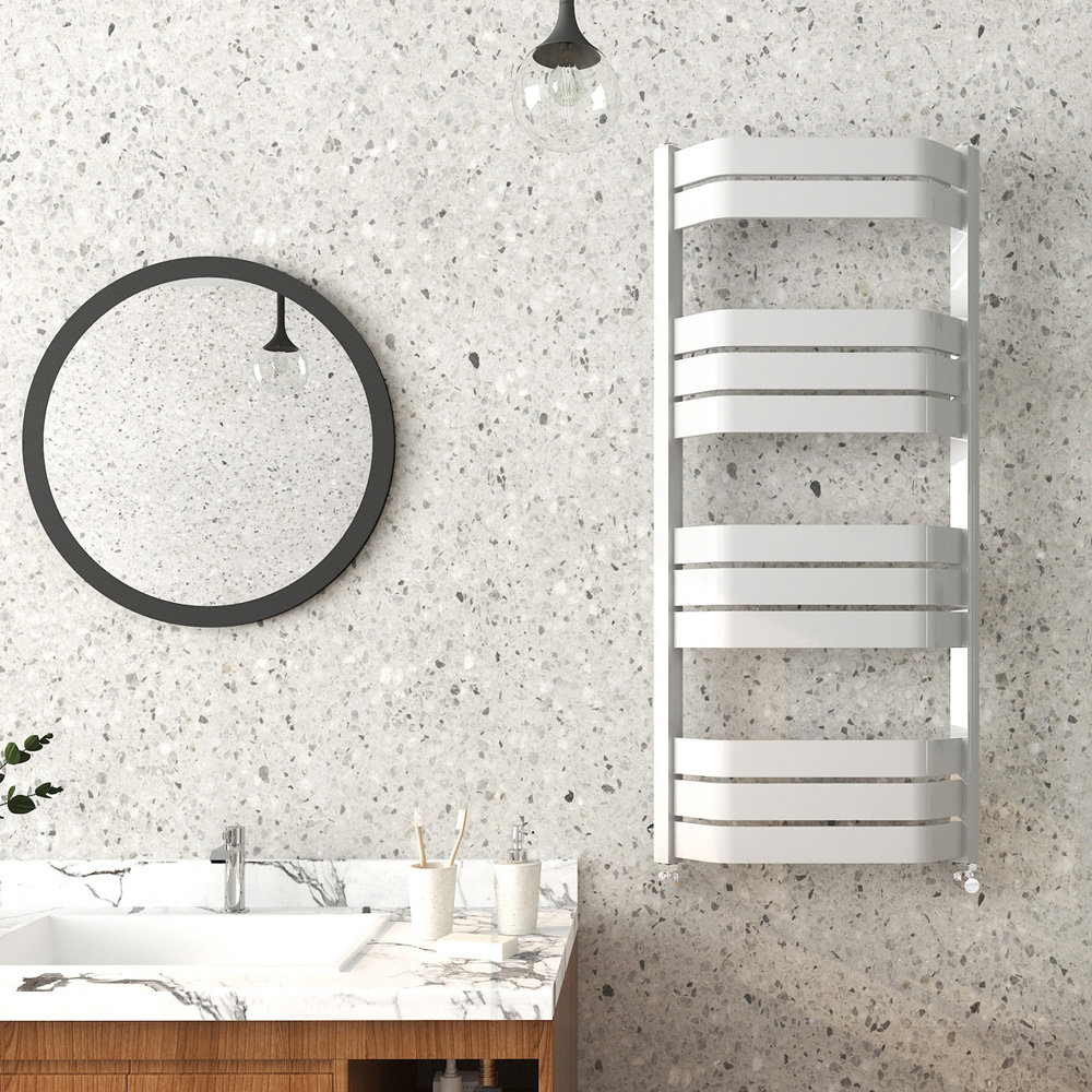 Milan Bow-Fronted White 1200 x 550 Designer Flat Panel Heated Towel Rail  Feature Large Image