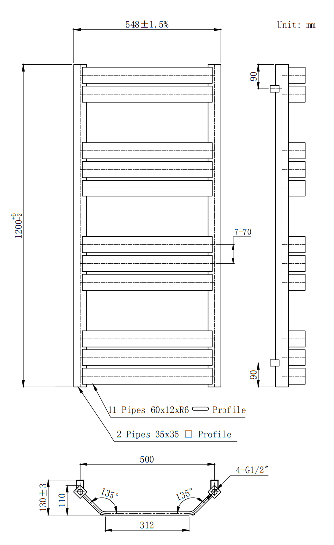 Milan Bow-Fronted White 1200 x 550 Designer Flat Panel Heated Towel Rail - 11 Sections