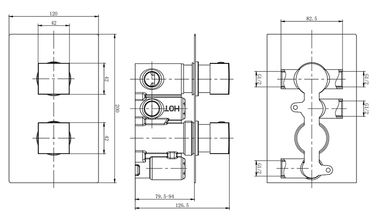 Milan Concealed Thermostatic Valve with Diverter, Fixed Shower Head + 4 Body Jets