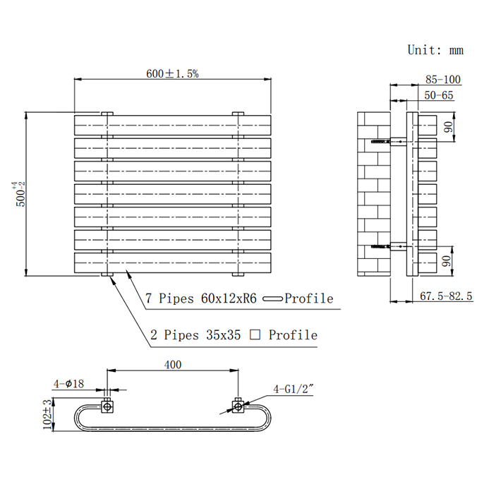 Milan Curved Anthracite 600 x 500 Horizontal Designer Flat Panel Heated Towel Rail - 7 Sections