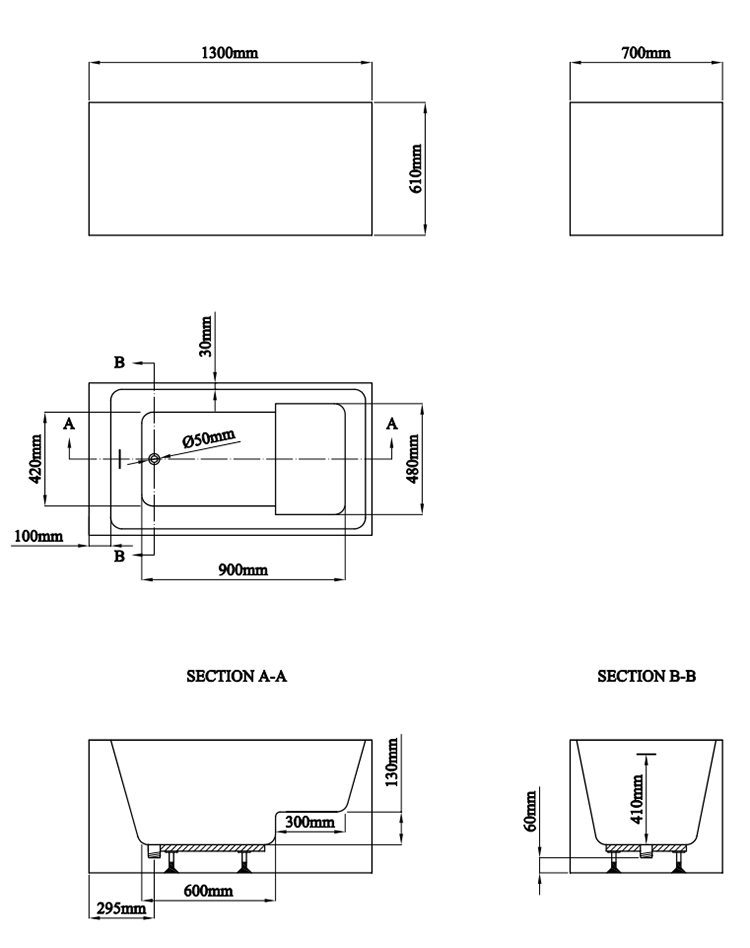 Milan Deep Seated Soaking Bath (1300 x 700mm) with Waste