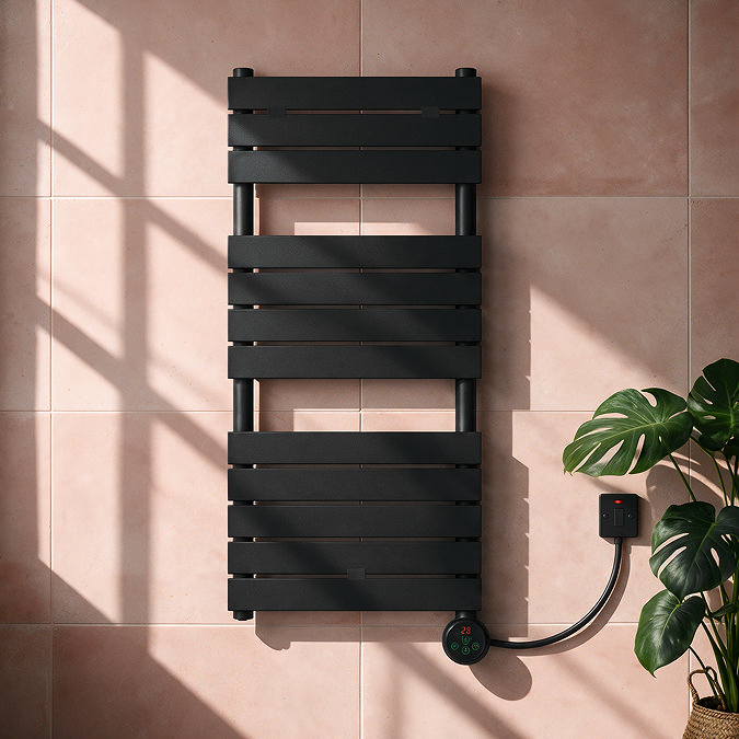 Milan Electric Bathroom Heated Towel Rail Matt Black Finish - 1213mm x 500mm