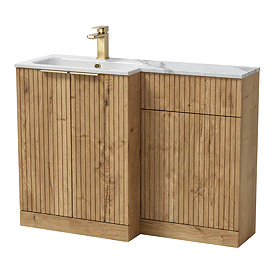 Milan Fluted 1100 Autumn Oak Bathroom Combination Unit with Carrera Marble Basin - Brushed Brass Handles