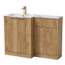 Milan Fluted 1100 Autumn Oak Bathroom Combination Unit with Carrera Marble Basin - Brushed Brass Handles