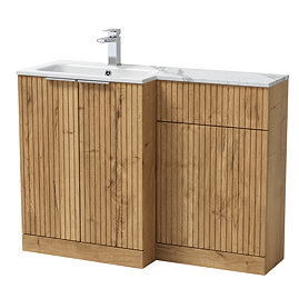 Milan Fluted 1100 Autumn Oak Bathroom Combination Unit with Carrera Marble Basin - Chrome Handles