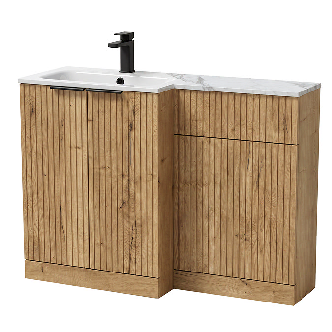 Milan Fluted 1100 Autumn Oak Bathroom Combination Unit with Carrera Marble Basin - Matt Black Handles