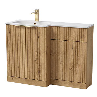 Milan Fluted 1100 Autumn Oak Bathroom Combination Unit with Matt White Stone Basin - Brushed Brass Handles