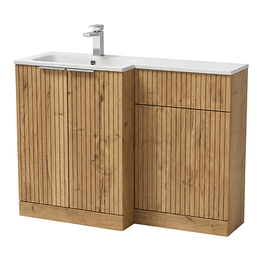 Milan Fluted 1100 Autumn Oak Bathroom Combination Unit with Matt White Stone Basin - Chrome Handles