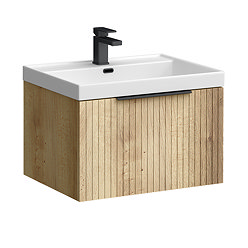 Milan Fluted 600mm Autumn Oak 1-Drawer Wall Hung Vanity Unit with Matt Black Handle