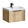 Milan Fluted 600mm Autumn Oak 1-Drawer Wall Hung Vanity Unit with Matt Black Handle