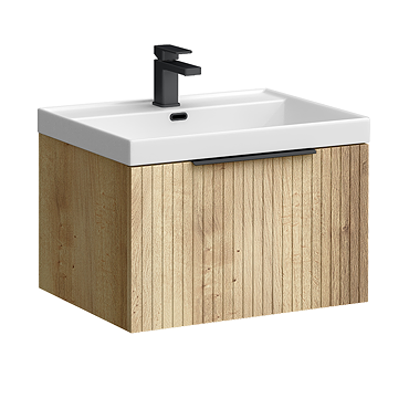 Milan Fluted 600mm Autumn Oak 1-Drawer Wall Hung Vanity Unit with Matt Black Handle