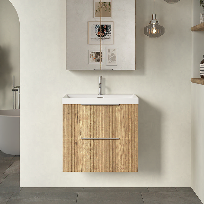 Milan Fluted 600mm Autumn Oak 2-Drawer Wall Hung Vanity Unit