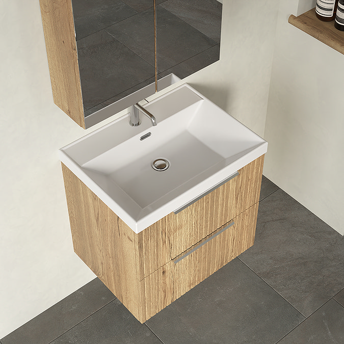 Milan Fluted 600mm Autumn Oak 2-Drawer Wall Hung Vanity Unit