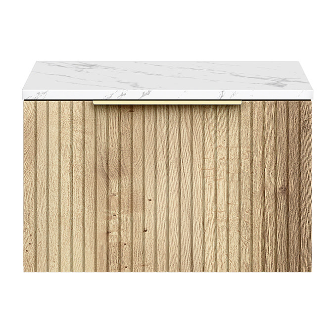 Milan Fluted 600mm Autumn Oak Vanity Unit - Wall Hung 1 Drawer Unit with Carrara Marble Worktop & Brushed Brass Handle