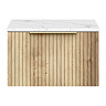 Milan Fluted 600mm Autumn Oak Vanity Unit - Wall Hung 1 Drawer Unit with Carrara Marble Worktop & Brushed Brass Handle