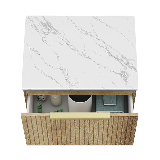 Milan Fluted 600mm Autumn Oak Vanity Unit - Wall Hung 1 Drawer Unit with Carrara Marble Worktop & Brushed Brass Handle