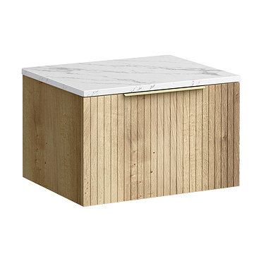 Milan Fluted 600mm Autumn Oak Vanity Unit - Wall Hung 1 Drawer Unit with Carrara Marble Worktop & Brushed Brass Handle
