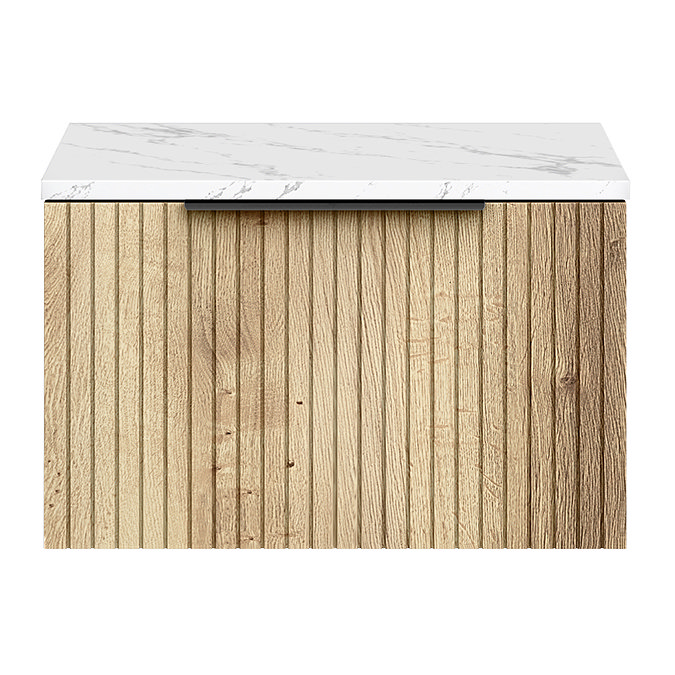 Milan Fluted 600mm Autumn Oak Vanity Unit - Wall Hung 1 Drawer Unit with Carrara Marble Worktop & Matt Black Handle