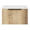 Milan Fluted 600mm Autumn Oak Vanity Unit - Wall Hung 1 Drawer Unit with Carrara Marble Worktop & Matt Black Handle
