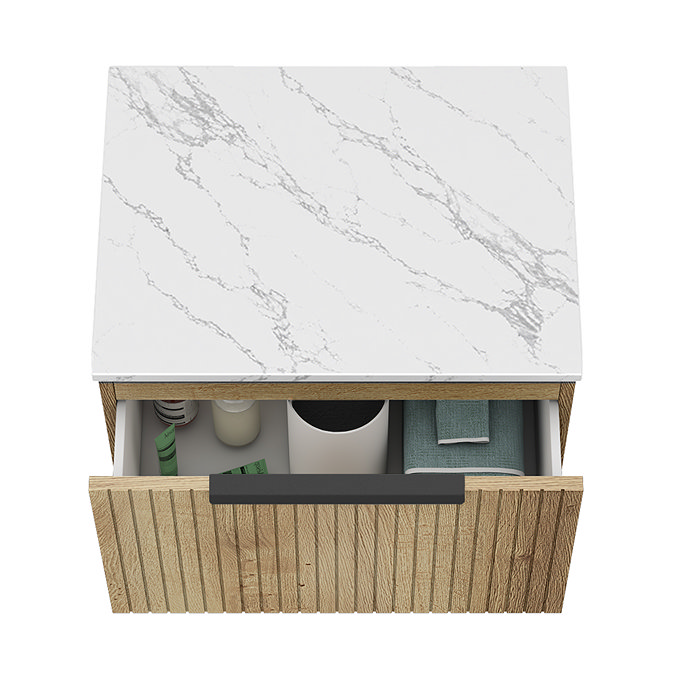 Milan Fluted 600mm Autumn Oak Vanity Unit - Wall Hung 1 Drawer Unit with Carrara Marble Worktop & Matt Black Handle