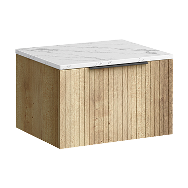 Milan Fluted 600mm Autumn Oak Vanity Unit - Wall Hung 1 Drawer Unit with Carrara Marble Worktop & Matt Black Handle
